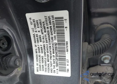 2017 Honda Civic Lx из США, поврежденный, VIN 19XFC2F5XHE209782